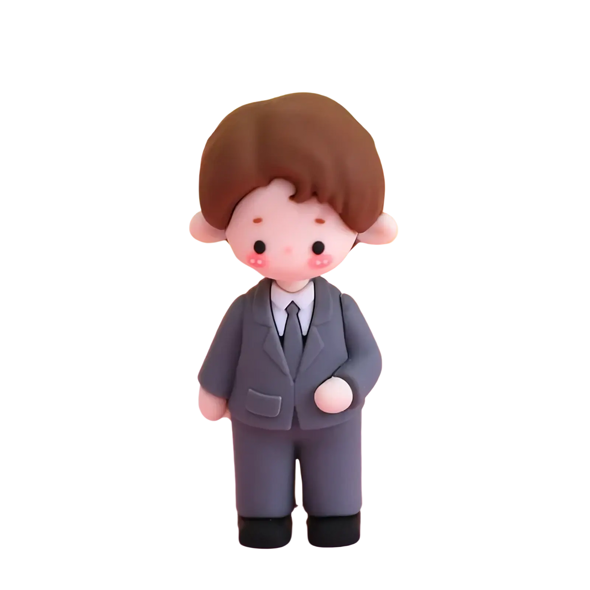 A charming brown-haired boy figurine in a gray suit pvc couple cake topper for Valentine anniversary decoration