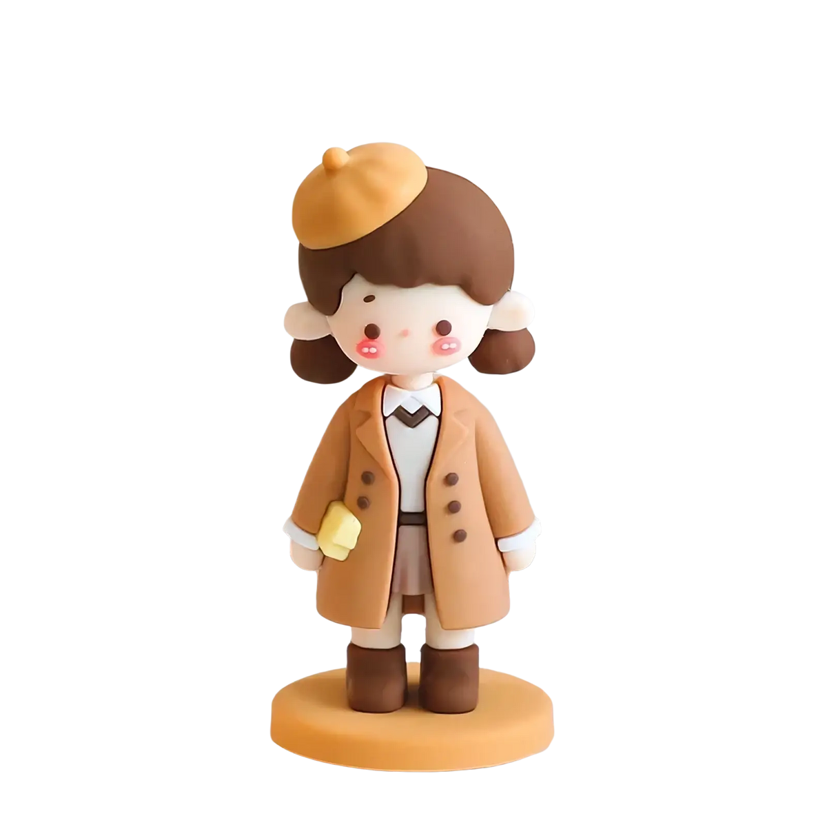 A charming brown-haired pvc couple cake topper figurine wearing tan coat and beret on an orange base for valentine anniversary decoration