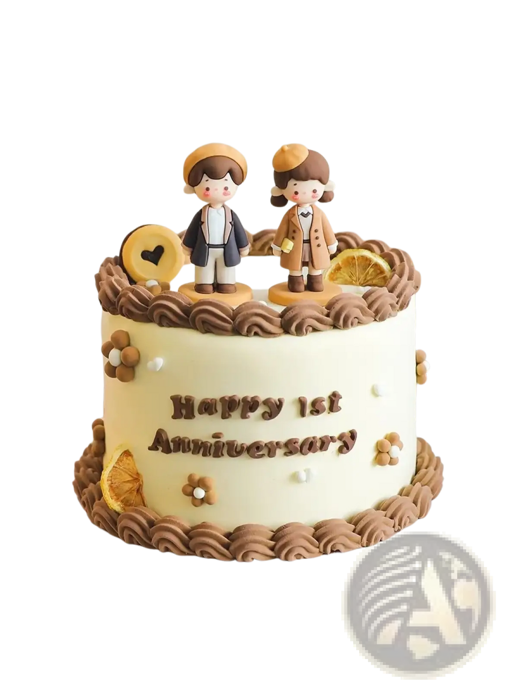 A creamy white anniversary cake with chocolate frosting swirls and a pvc couple cake topper in brown hats and coats