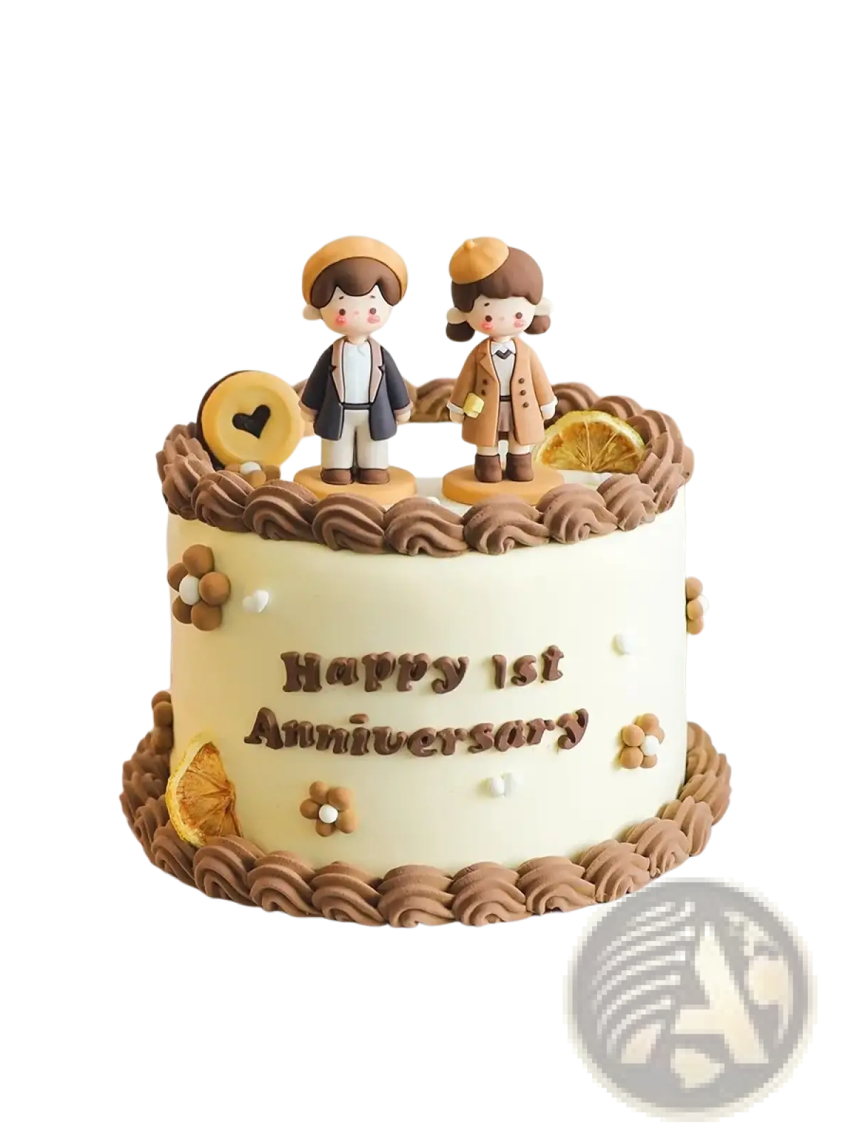 A creamy white anniversary cake with chocolate frosting swirls and a pvc couple cake topper in brown hats and coats