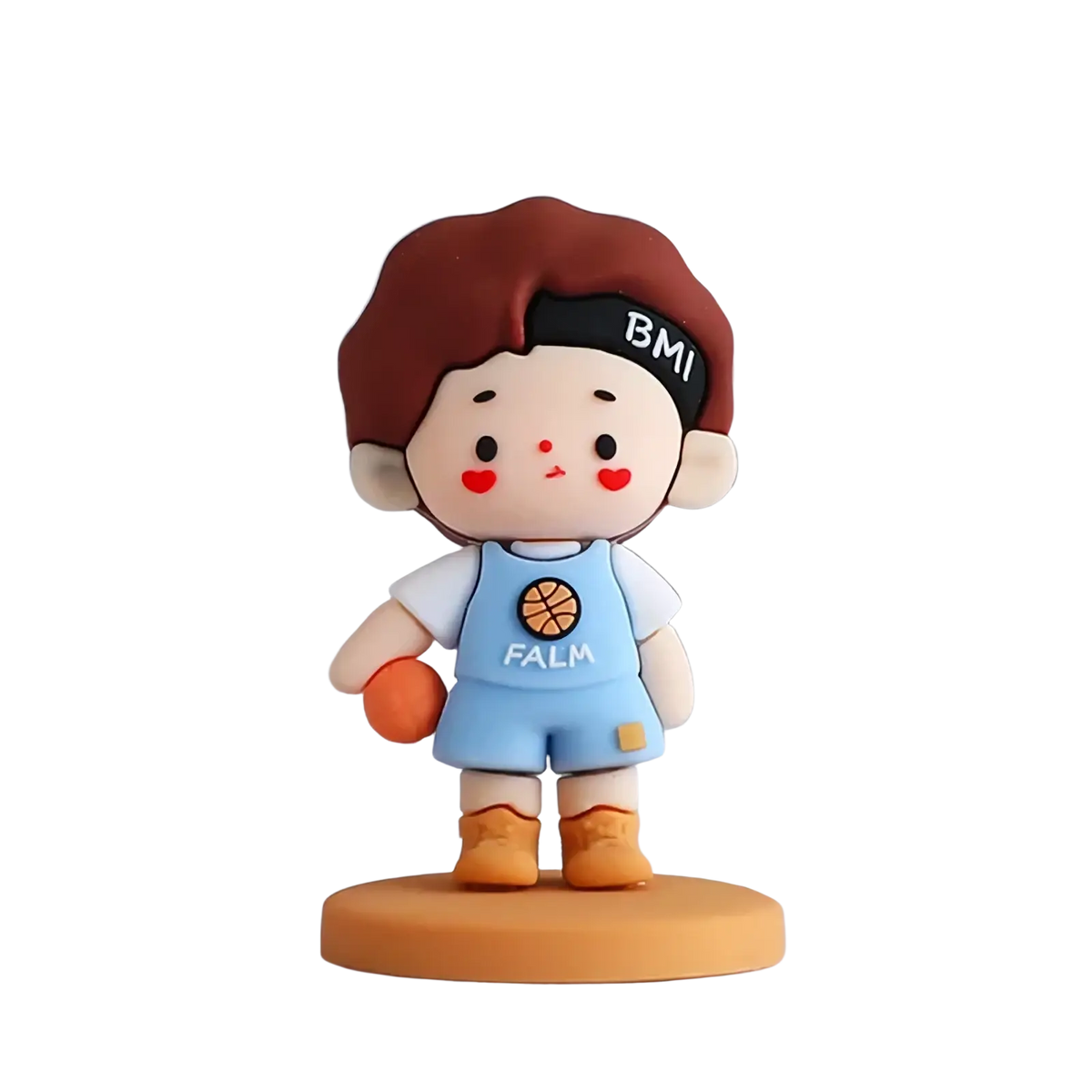 Couple cake topper pvc figurine of a boy in light blue overalls holding an orange basketball for valentine anniversary