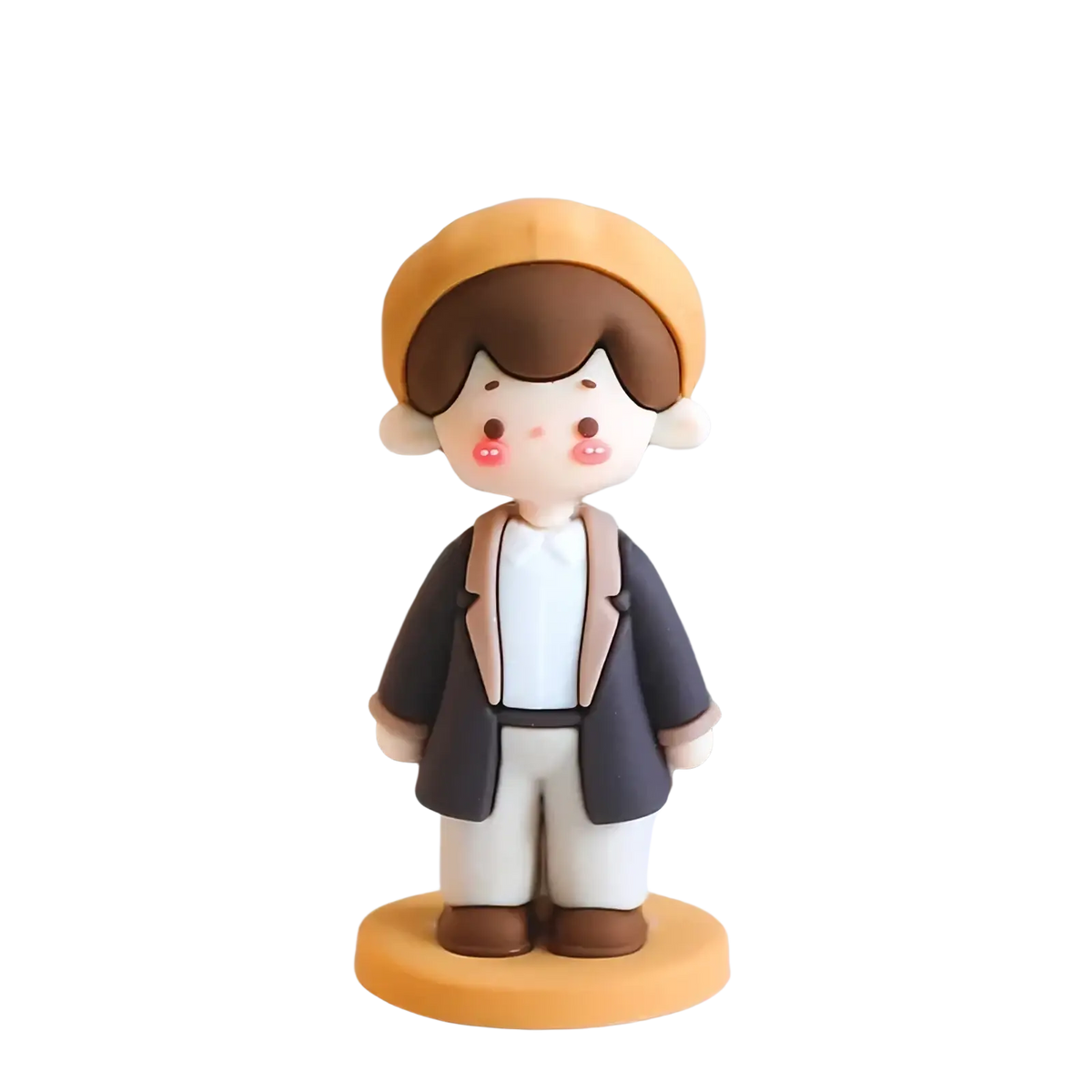 A 7.5cm pvc couple cake topper figurine of a boy with brown hair in orange beret on an orange resin base