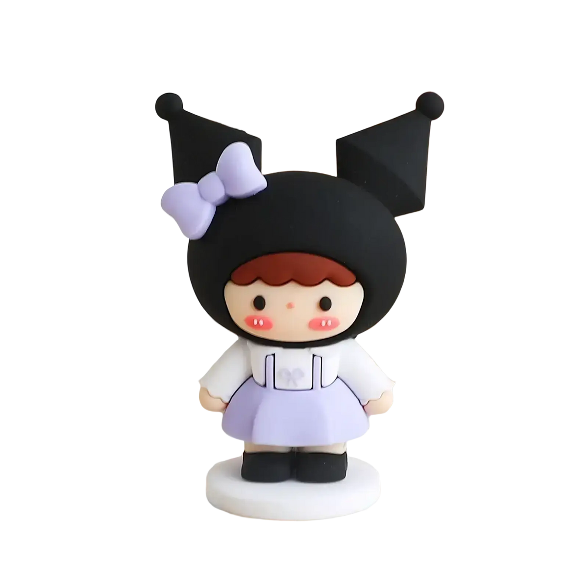 A cute black and lavender pvc couple cake topper figurine with a bow wearing a white top and skirt for Valentine anniversary