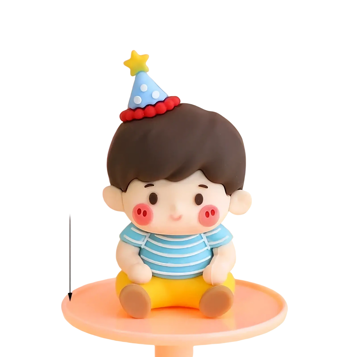 Cute couple cake topper pvc boy figurine in blue and white striped shirt with brown hair and party hat for Valentine anniversary