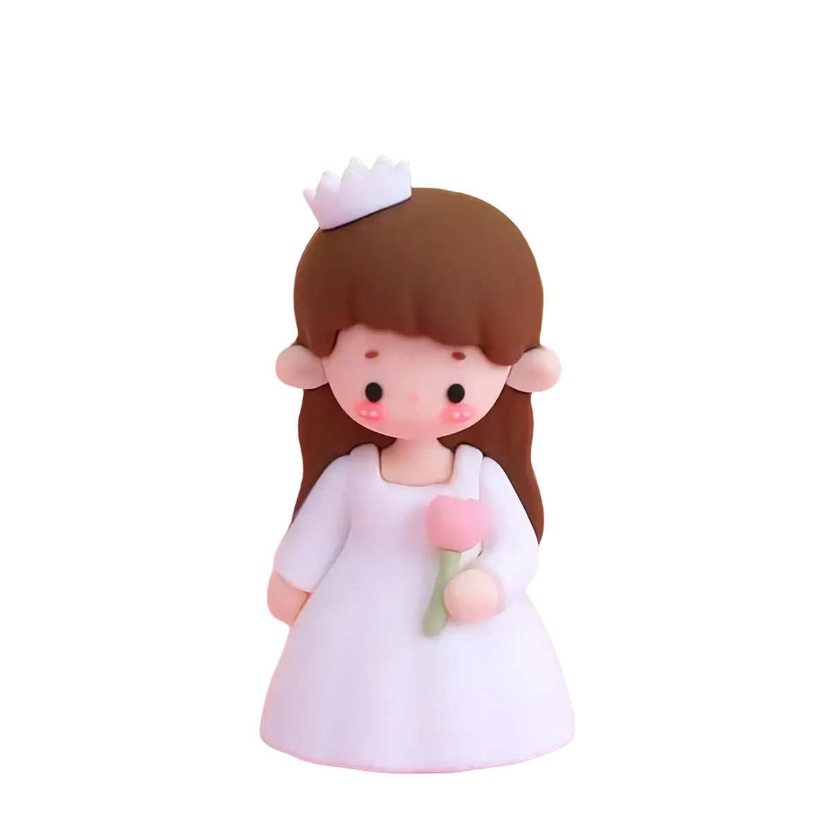 A brown-haired pvc doll in a white dress holding a pink tulip as a couple cake topper decoration