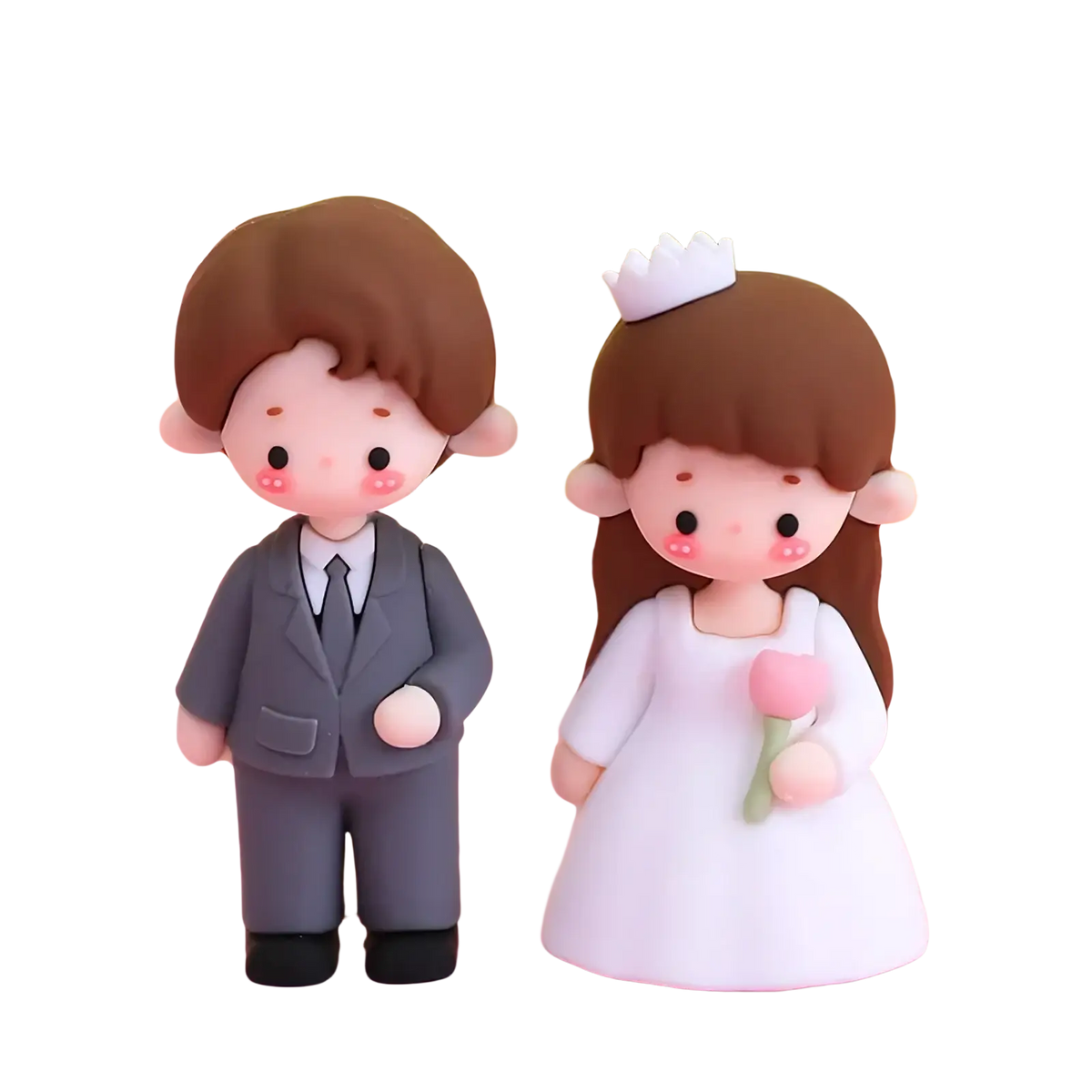 Cute brown-haired cartoon couple pvc cake topper with gray suit and white dress holding pink tulip for valentine anniversary