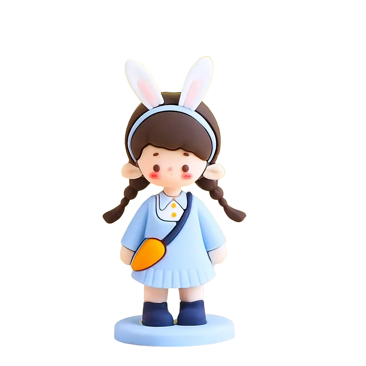 Cute pvc couple cake topper featuring a bunny-ear headband figurine with brown pigtails in blue dress and boots