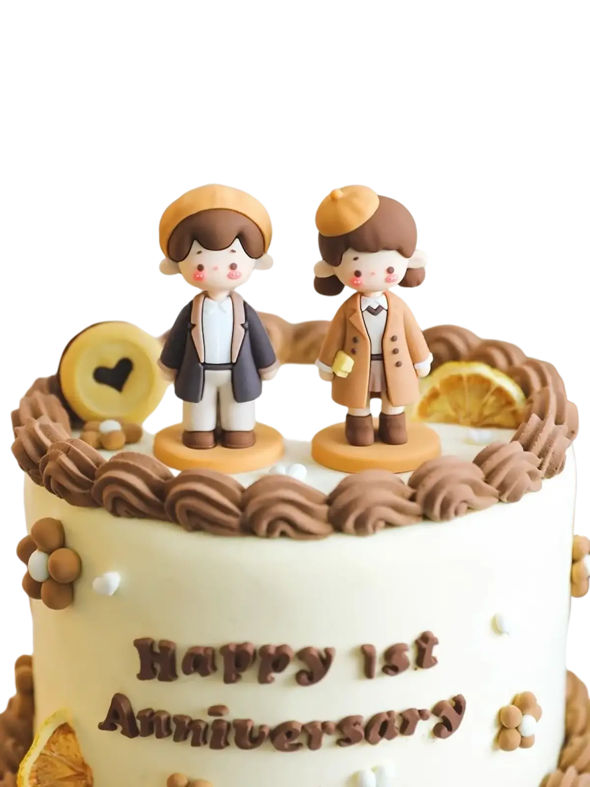 Cute cartoon couple pvc cake toppers wearing brown berets and coordinated coats for valentine anniversary decoration