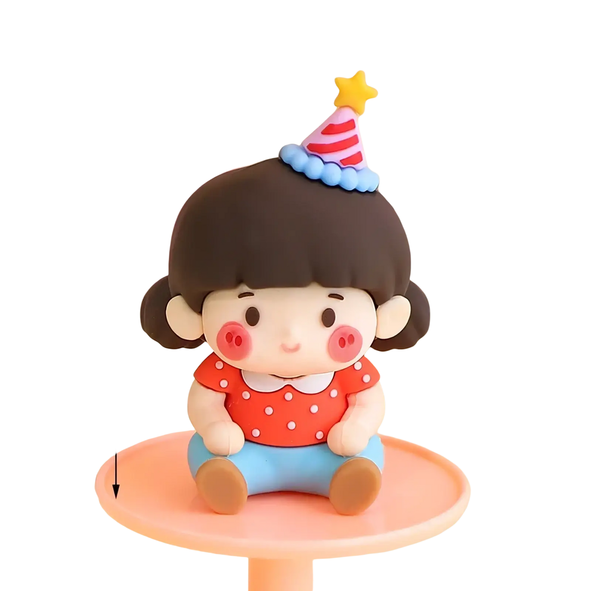 Cute resin couple cake topper figurine of a seated girl with dark brown hair wearing red polka dot and party hat