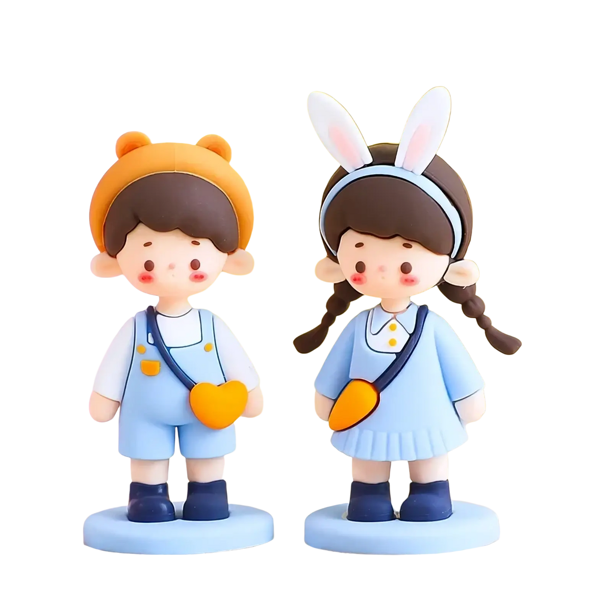 Resin couple cake topper figurines with boy in orange bear hat and girl in bunny ears for valentine anniversary decor