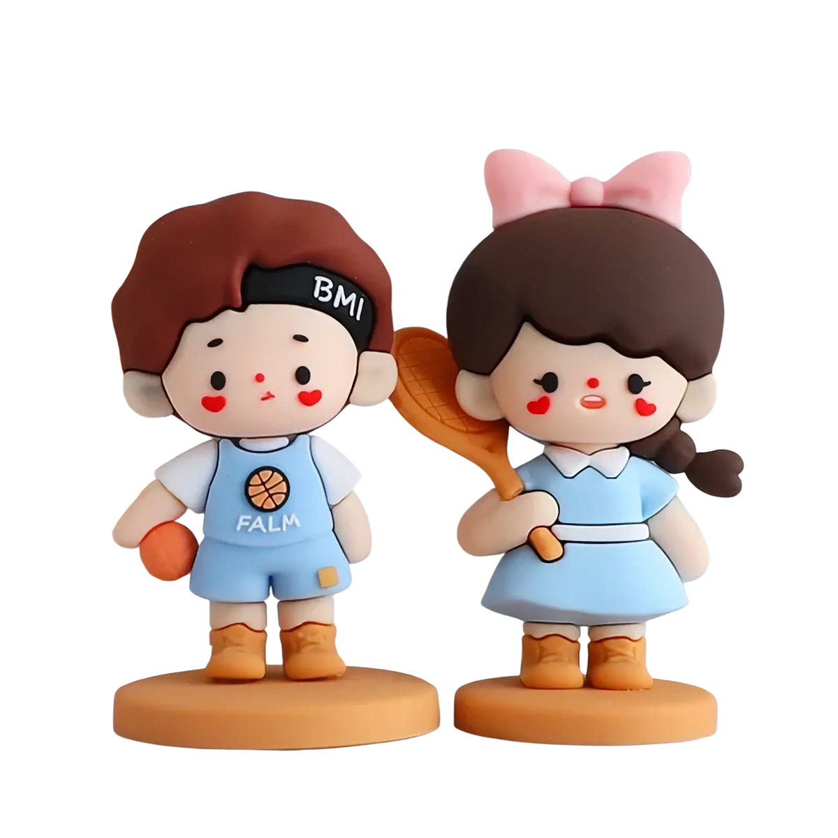 Couple cake topper pvc resin figurines of boy in basketball outfit and girl in light blue dress with pink bow