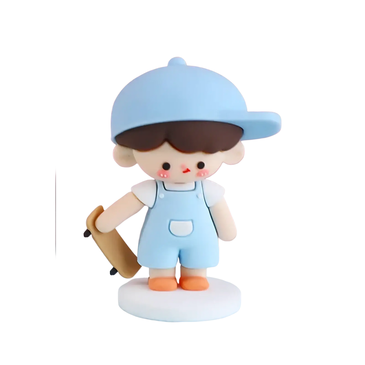 Light blue pvc figurine of boy in overalls and cap holding skateboard for couple cake topper valentine decoration