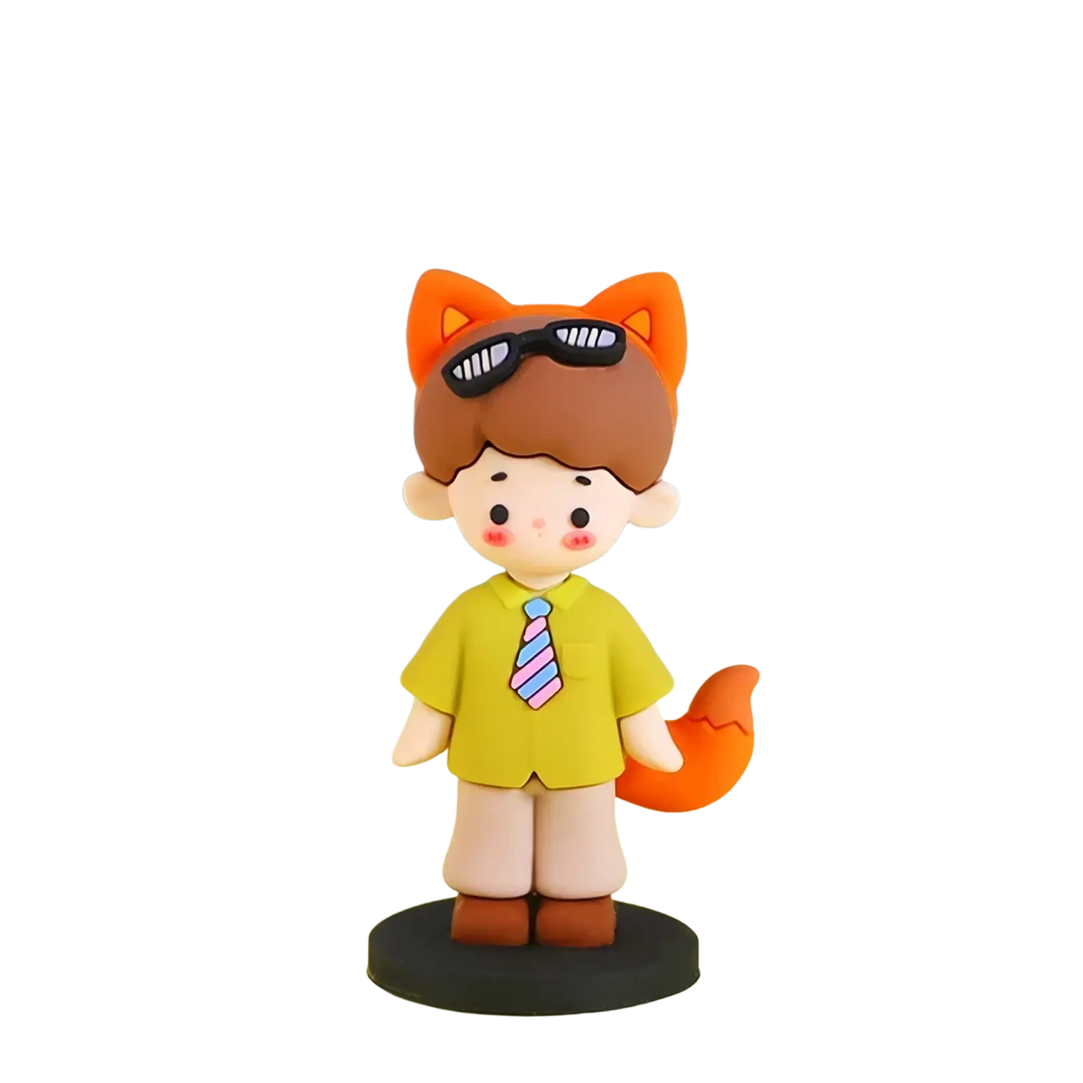Couple cake topper pvc decoration featuring an orange fox figurine with brown hair in a yellow shirt and striped tie