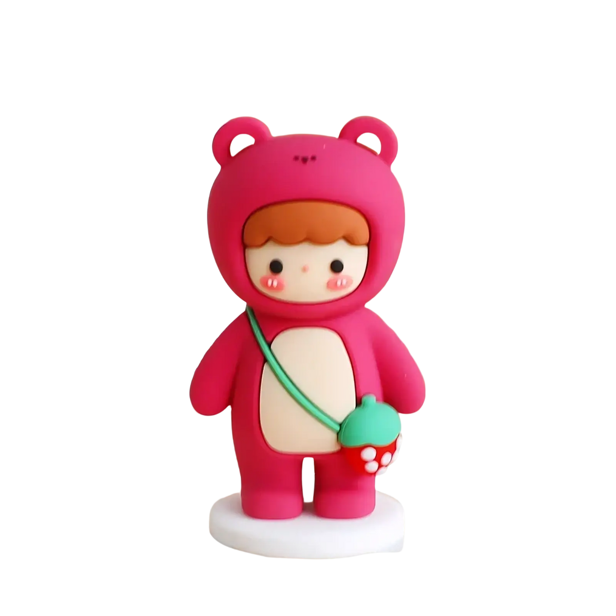 Couple cake topper pvc figurine featuring a pink bear with a strawberry pouch and green strap on white base