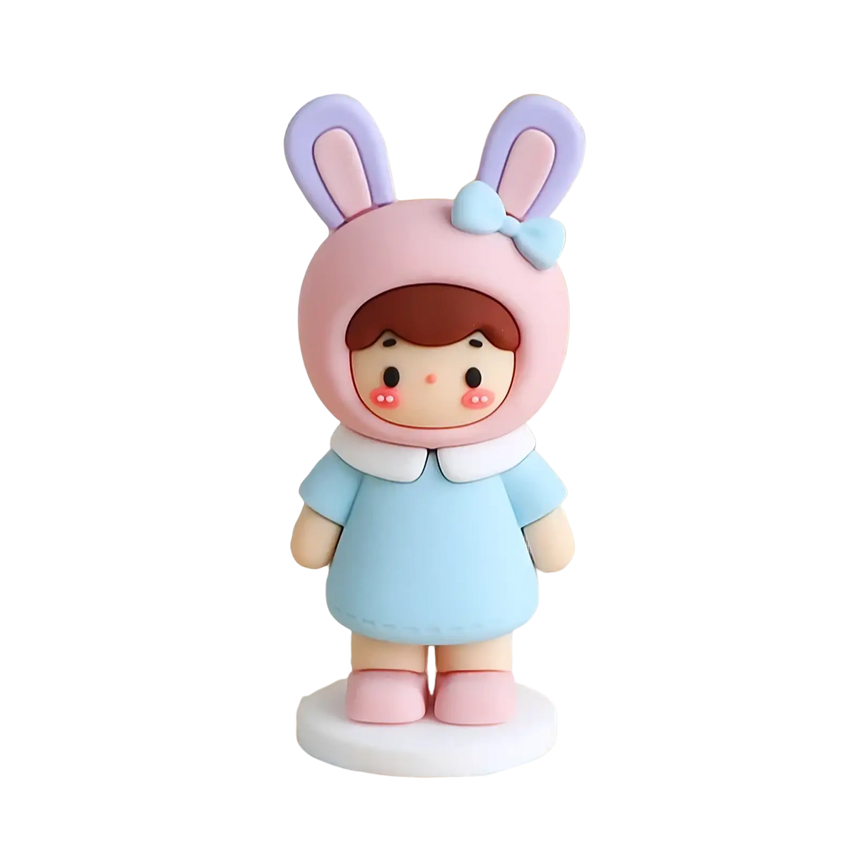 Couple cake topper pvc figurine wearing a pink bunny hood with purple ears and light blue dress for anniversary decor