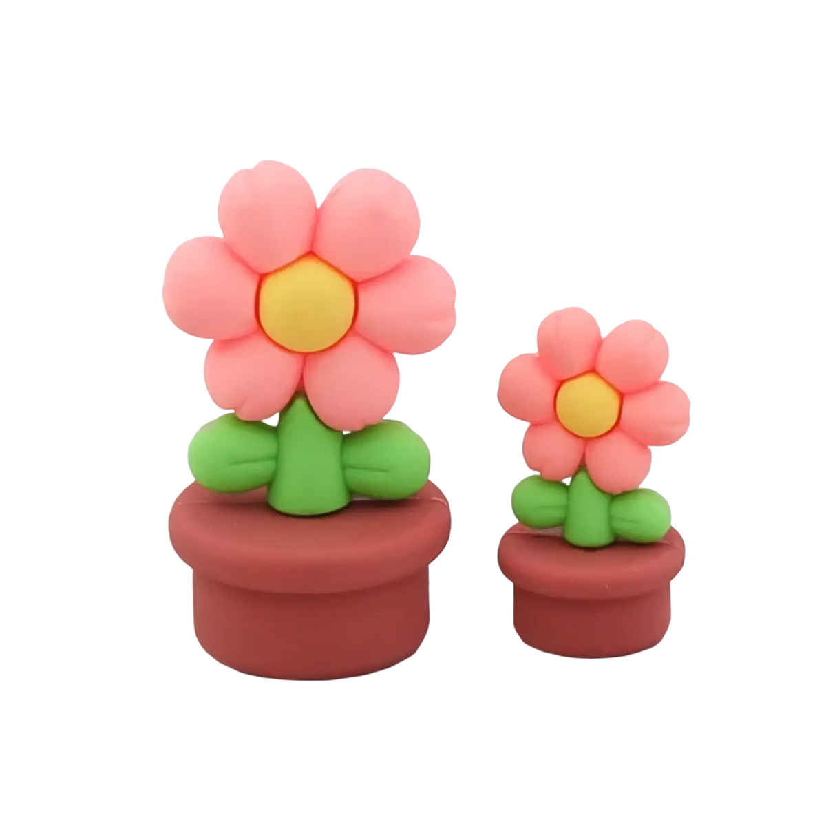 Couple cake topper featuring pink and yellow clay flower figurines in terracotta pots for valentine anniversary decor