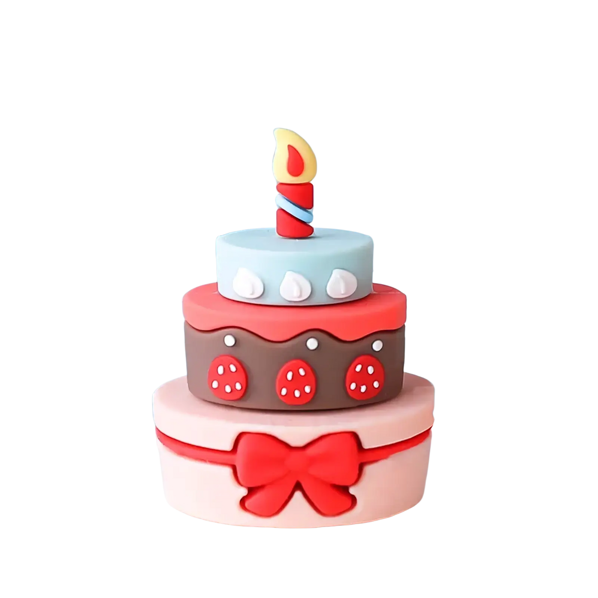 Couple cake topper pvc with a three-tiered pastel cake, red strawberry decorations, pink bow, and yellow flame candle