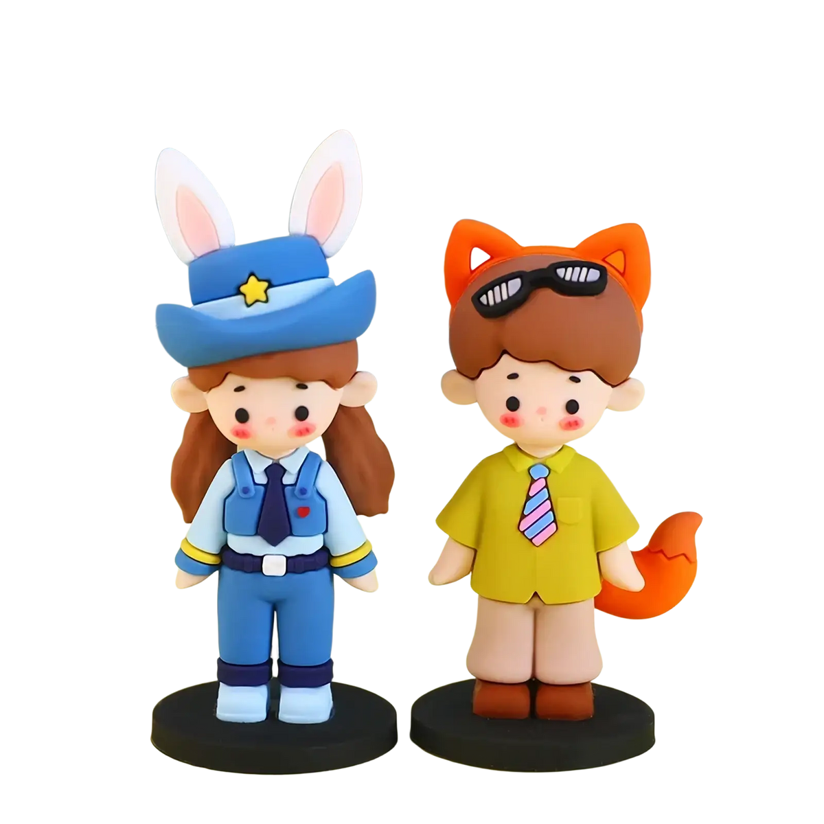 Couple cake topper pvc with a blue bunny-eared girl in police uniform and an orange fox boy in yellow shirt and sunglasses