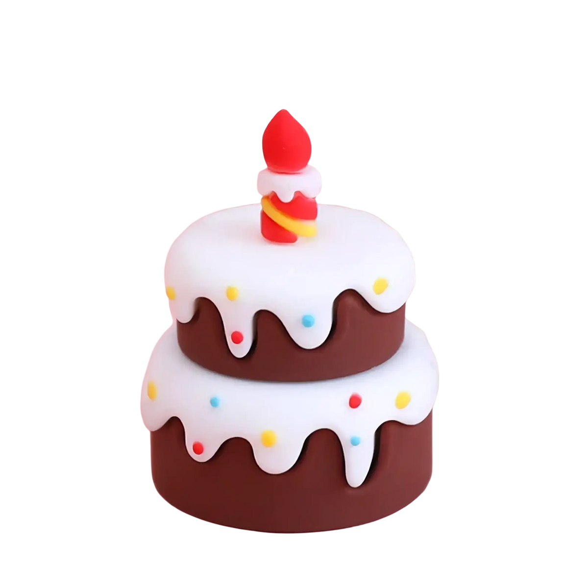 Couple cake topper pvc with two-tiered chocolate layers, white frosting drips, colorful sprinkles, and red candle for valentine anniversary decoration