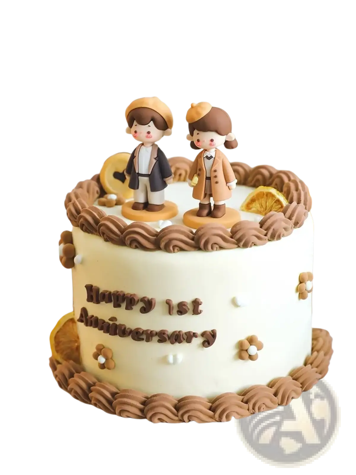 Couple cake topper pvc valentine anniversary decoration featuring white frosted cake with brown buttercream swirls and beige coat figurines