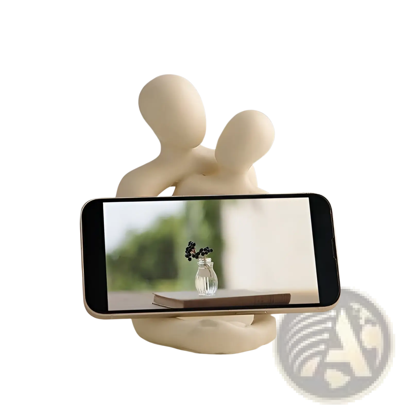 Cream-colored ceramic phone stand shaped like two abstract figures embracing in couple resin statue candle holder style