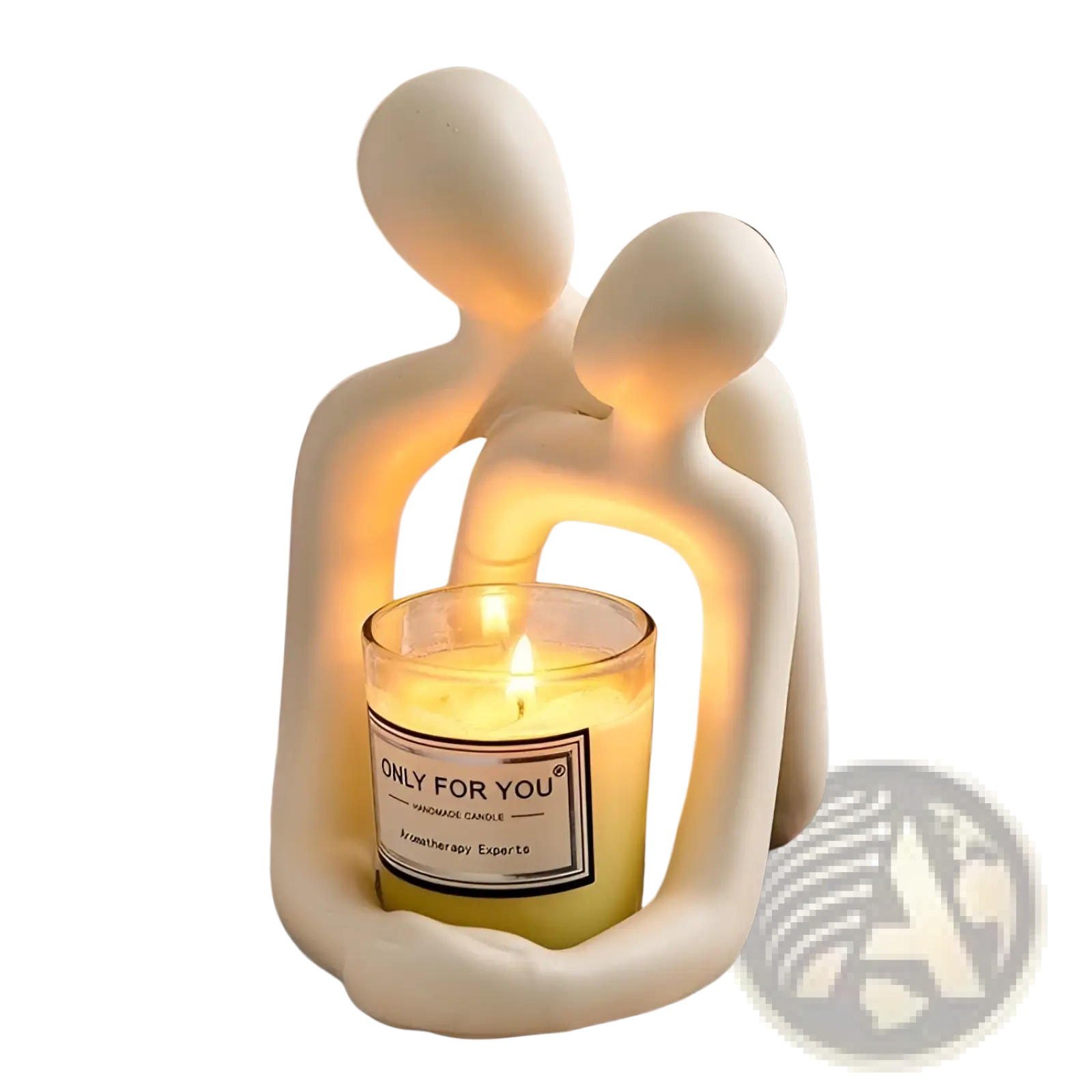 Cream-colored ceramic candle holder shaped like two abstract figures embracing and holding a lit yellow scented candle