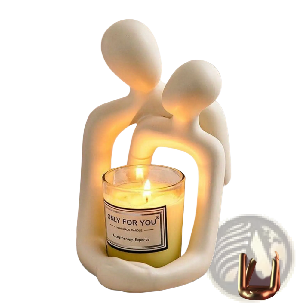 Cream-colored ceramic couple resin statue abstract candle holder with two figures embracing and a lit candle center