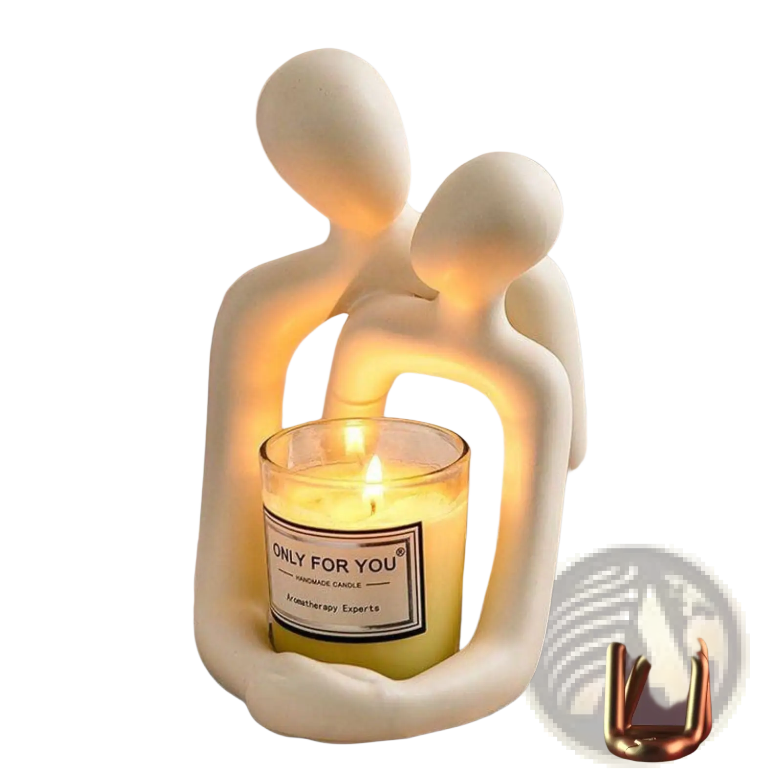 Cream-colored ceramic couple resin statue abstract candle holder with two figures embracing and a lit candle center