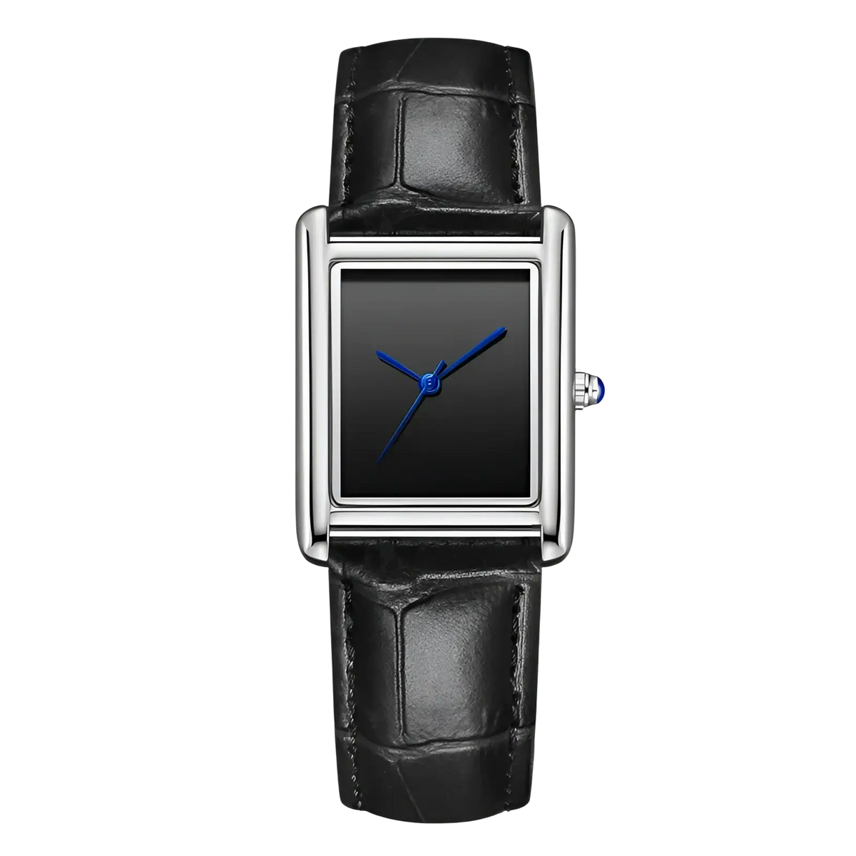 Couple watch leather strap quartz waterproof wristwatch with black crocodile leather strap and silver case with blue hands