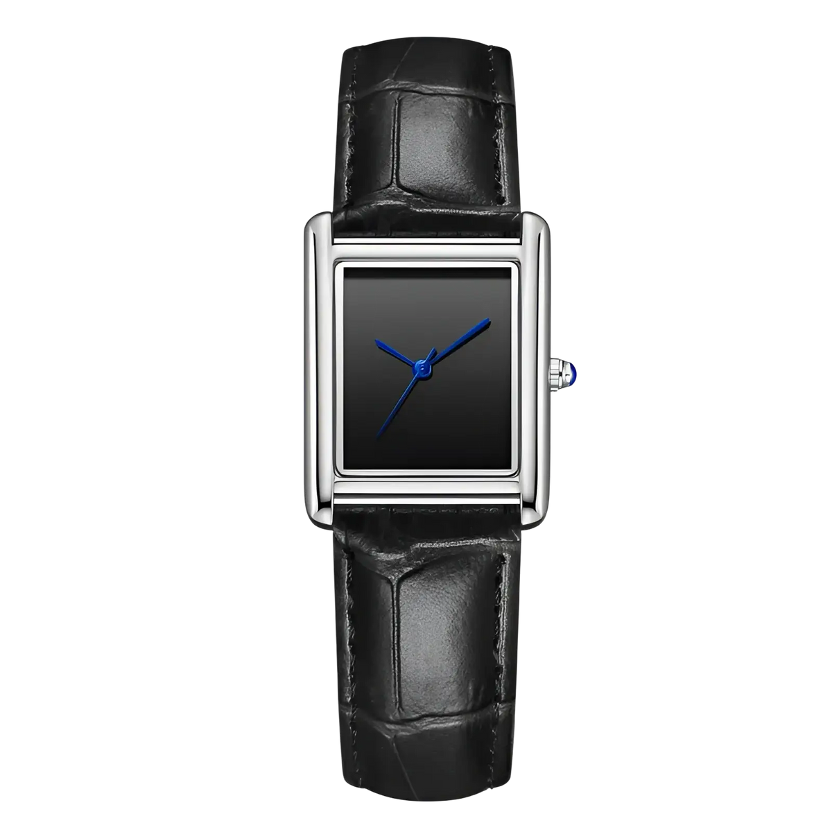 Couple watch leather strap quartz waterproof wristwatch with black crocodile leather strap and silver case with blue hands