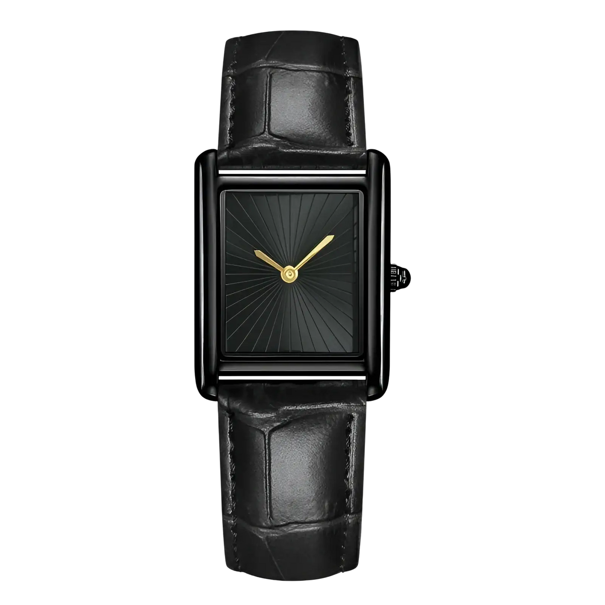 Couple watch leather strap quartz wristwatch with black rectangular dial gold-toned hands and crocodile leather strap