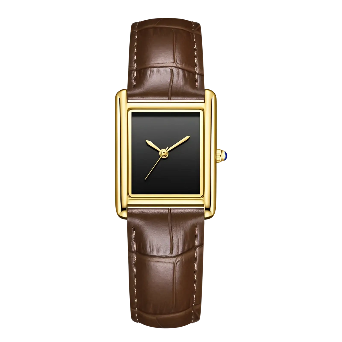 A classic gold-toned couple watch with a black dial and brown crocodile-patterned leather strap quartz wristwatch