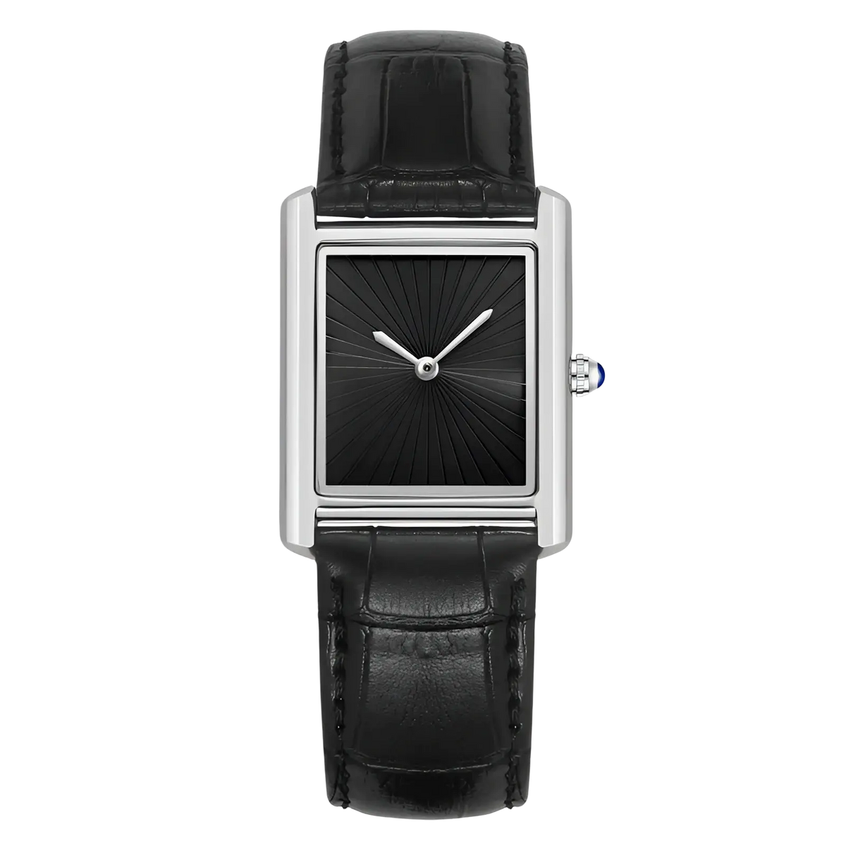 Elegant rectangular silver-toned couple watch with black sunburst dial, textured leather strap, and blue sapphire crown