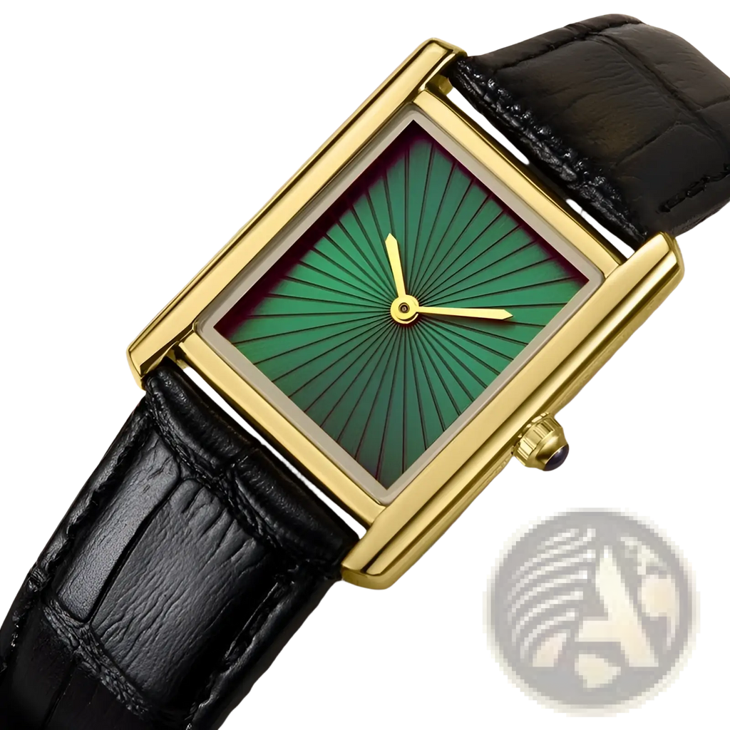 Elegant rectangular gold-tone couple watch with vibrant green sunburst dial and black alligator leather strap waterproof model