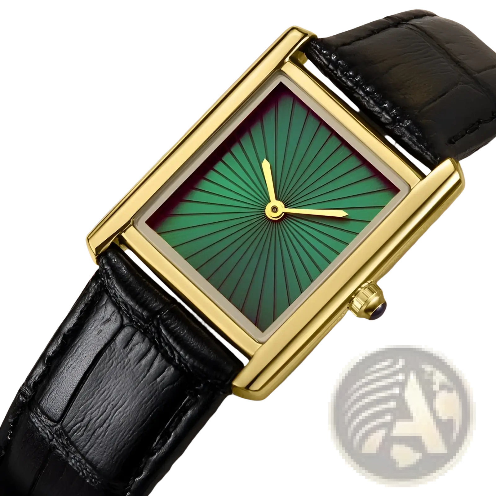 Elegant rectangular gold-tone couple watch with vibrant green sunburst dial and black alligator leather strap waterproof model