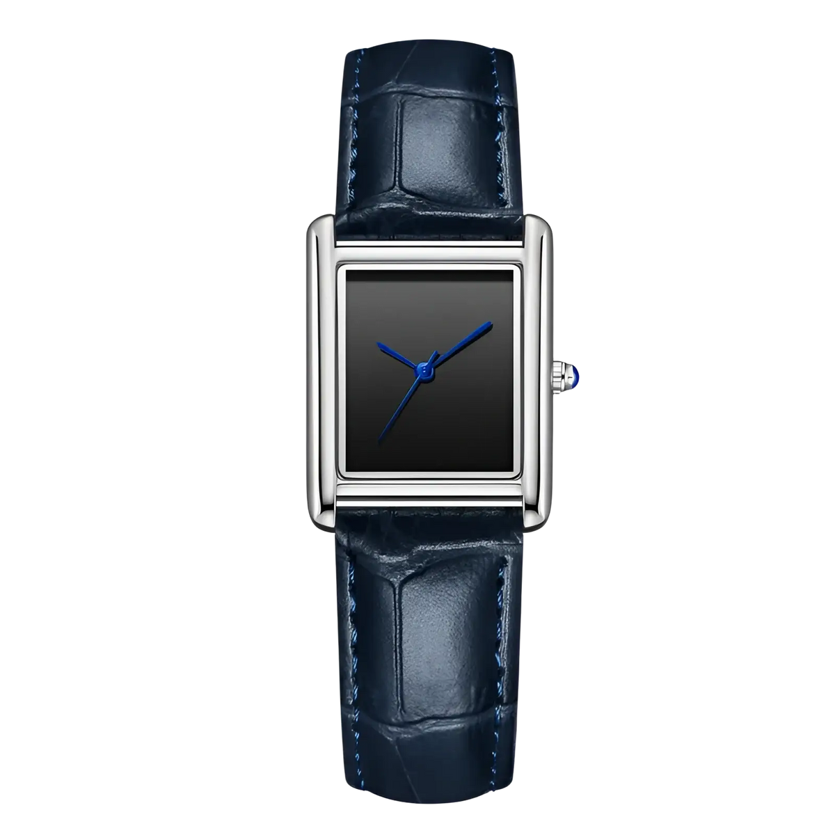 Couple watch leather strap quartz waterproof wristwatch with silver case navy blue crocodile leather strap and black dial