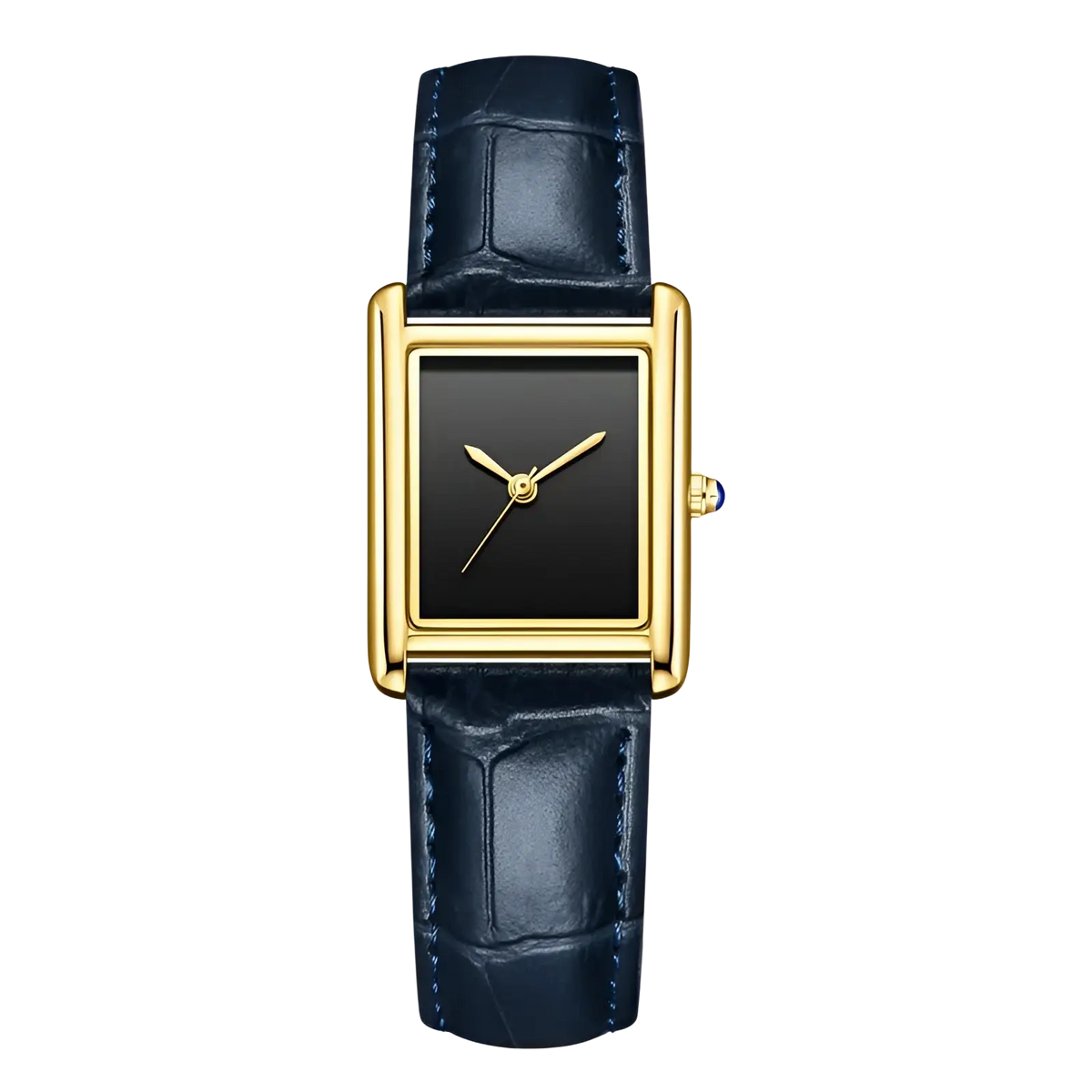 Elegant rectangular gold-tone couple watch with black dial and navy blue crocodile leather strap waterproof quartz wristwatch