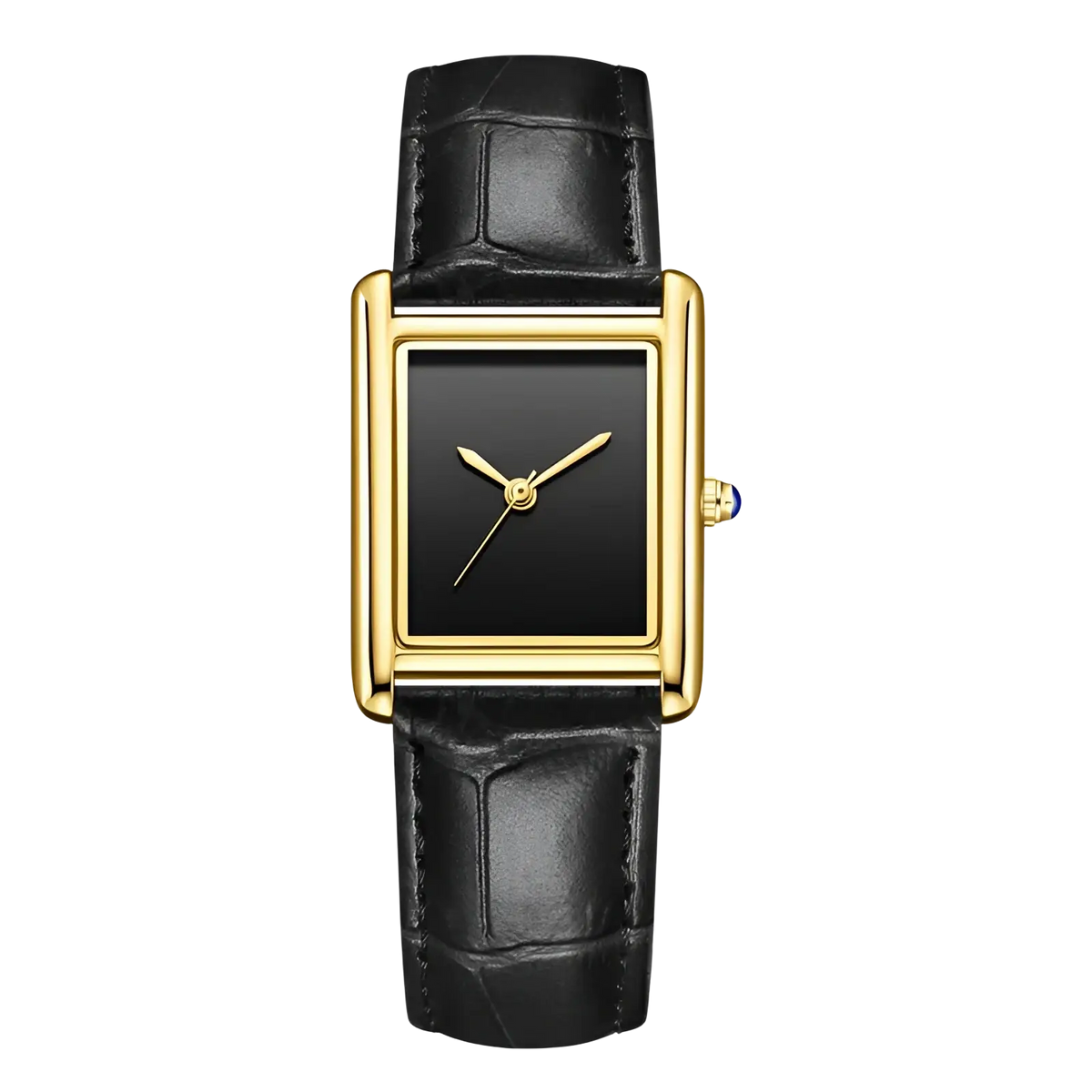 Elegant rectangular gold-tone couple watch with black dial, blue gemstone crown, and black crocodile leather strap