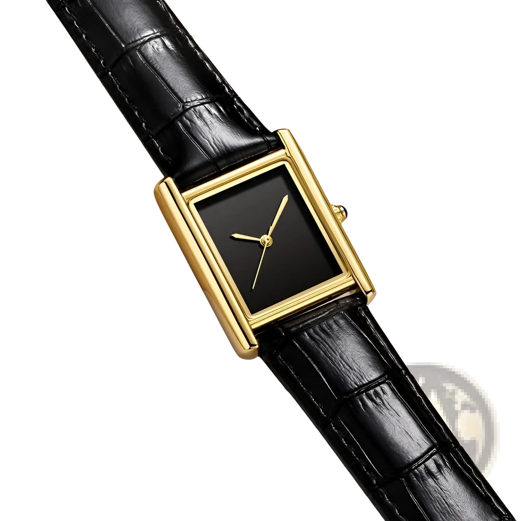 Elegant couple watch with gold-tone case, black crocodile leather strap, and sleek black dial quartz waterproof wristwatch