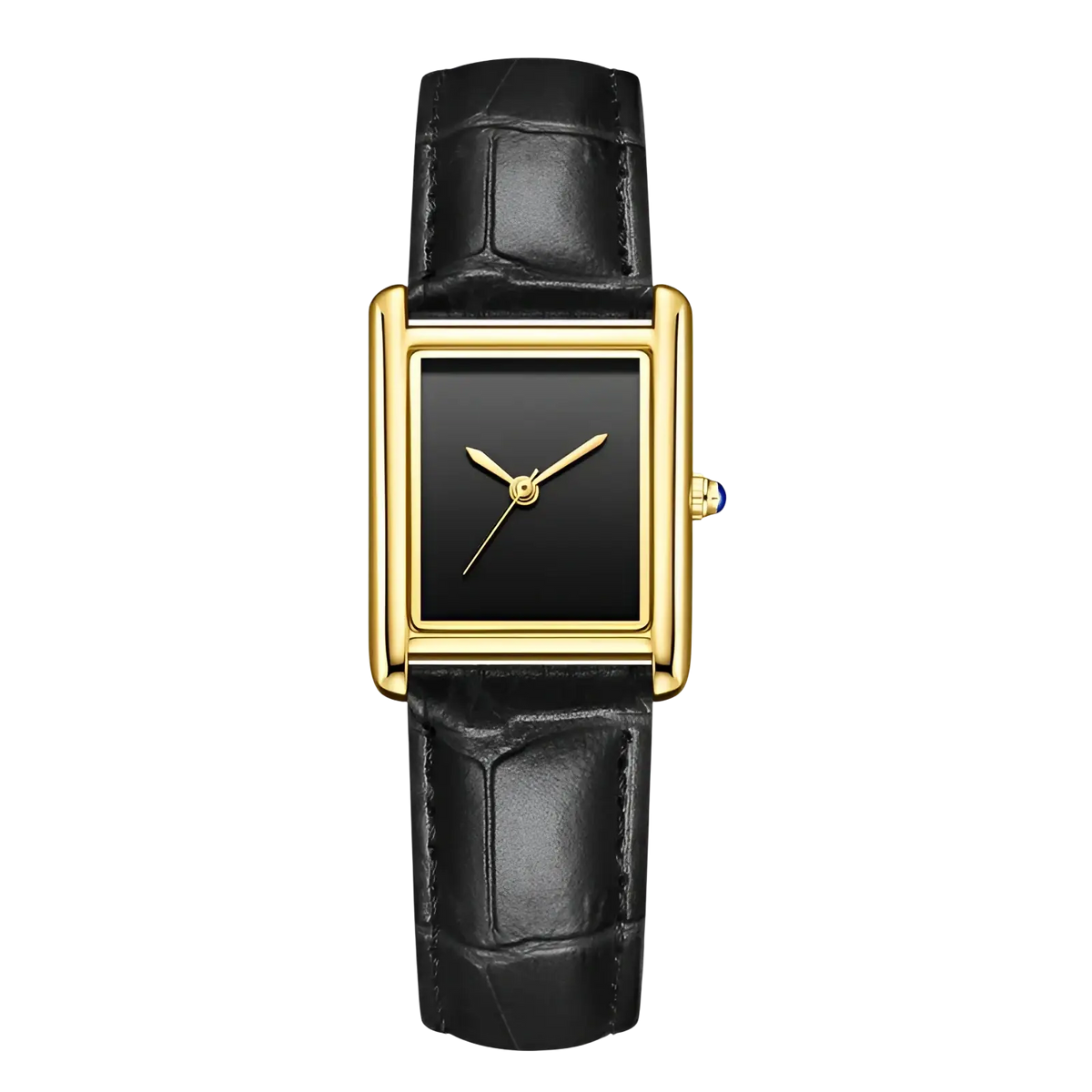 Elegant rectangular gold-tone couple watch with black dial and crocodile-patterned leather strap waterproof design