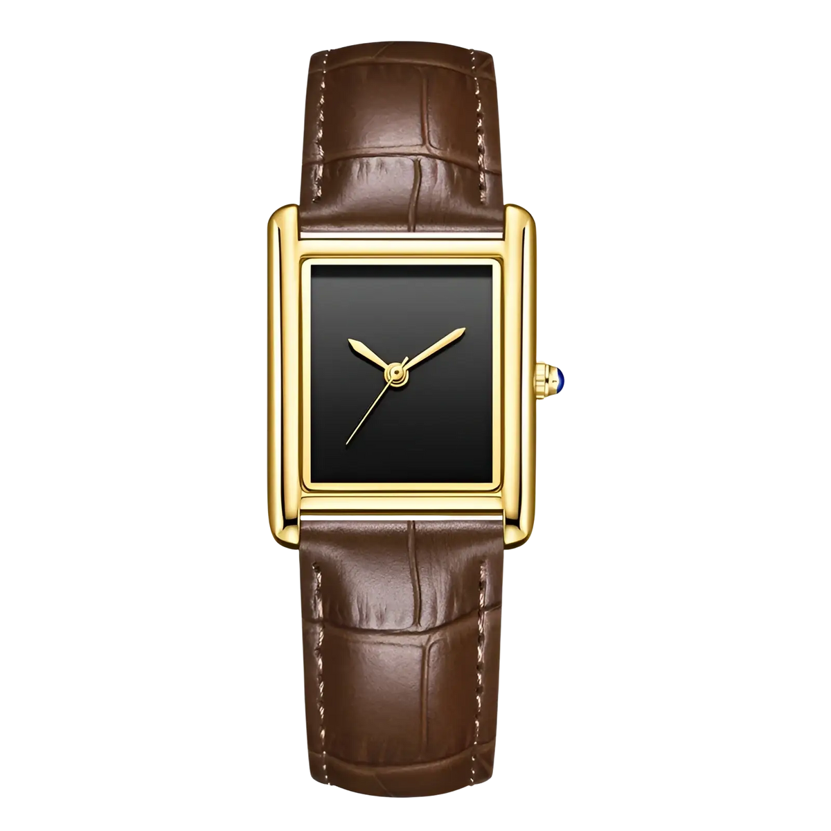 Elegant gold-toned rectangular couple watch with black dial and brown crocodile leather strap quartz waterproof wristwatch