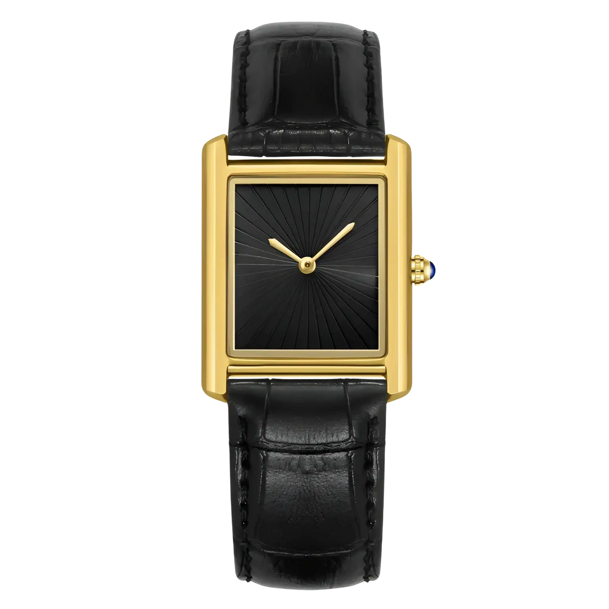 Elegant gold-toned rectangular couple watch with black sunburst dial, black alligator leather strap, and blue sapphire crown accent
