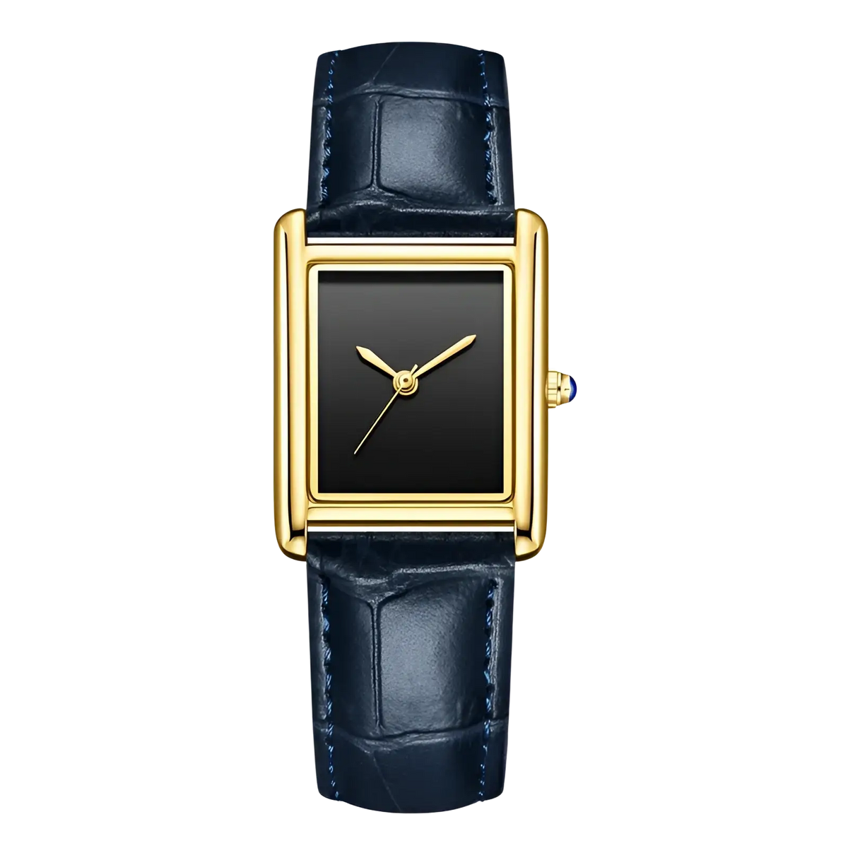 Elegant gold-toned rectangular couple watch with black dial and navy blue crocodile leather strap quartz waterproof wristwatch