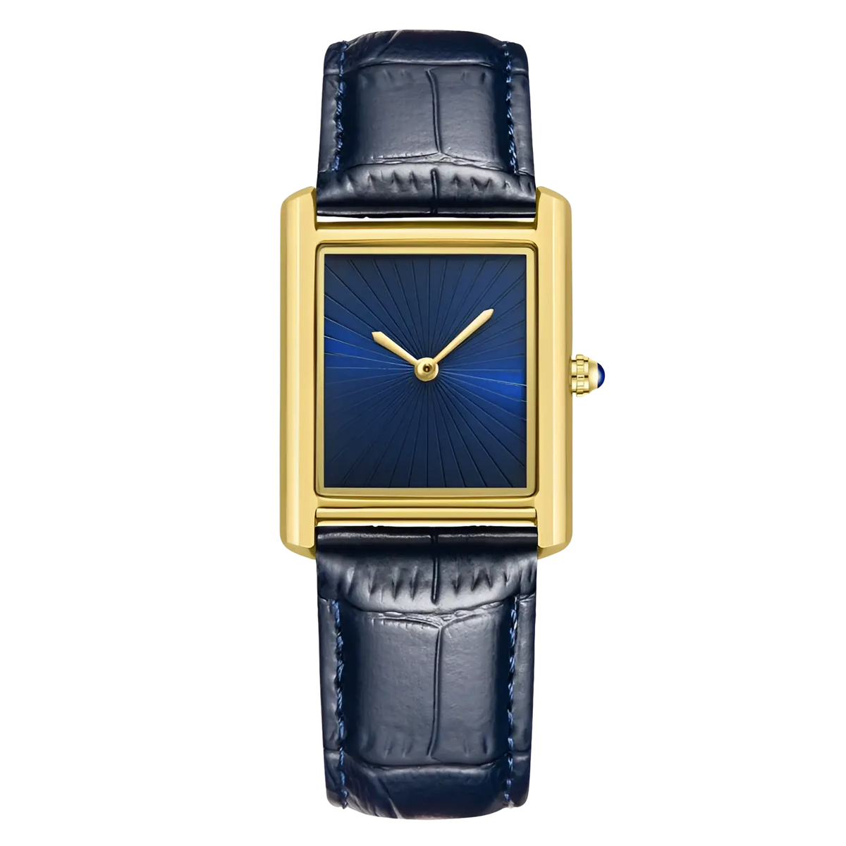 Elegant gold-toned rectangular couple watch with deep blue sunburst dial and navy crocodile-embossed leather strap