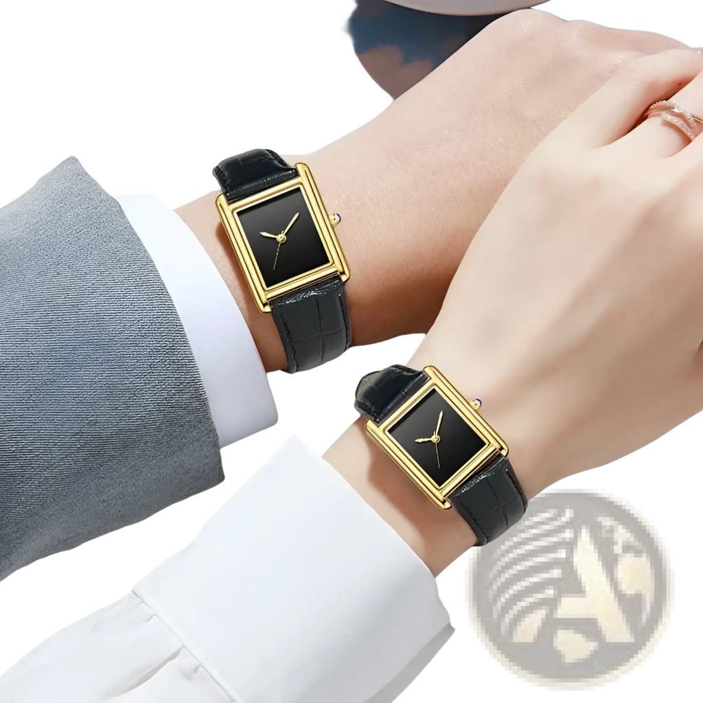 Elegant gold-toned couple watches with black leather straps and minimalist black dials quartz waterproof wristwatches