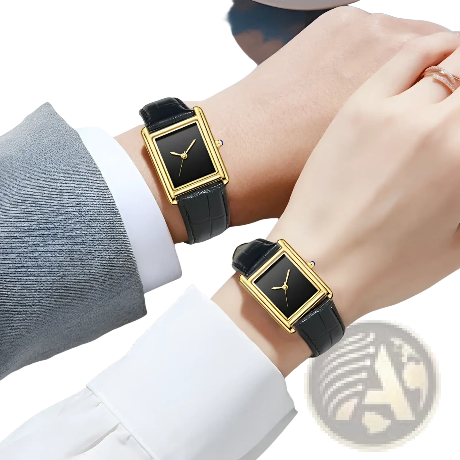 Elegant gold-toned couple watches with black leather straps and minimalist black dials quartz waterproof wristwatches
