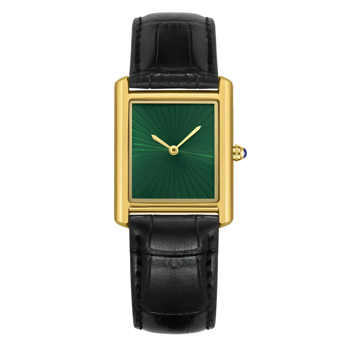 Elegant gold-toned rectangular couple watch with deep green sunburst dial and black alligator leather strap quartz waterproof wristwatch