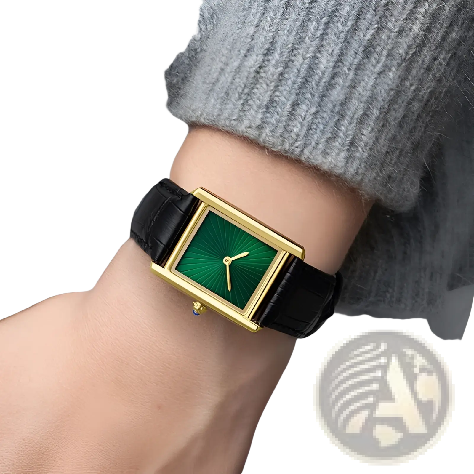 Couple watch leather strap quartz waterproof wristwatch with gold rectangular case green sunburst dial and blue gemstone accent