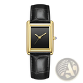 Elegant rectangular gold-tone couple watch with black dial, blue gemstone crown, and black crocodile leather strap