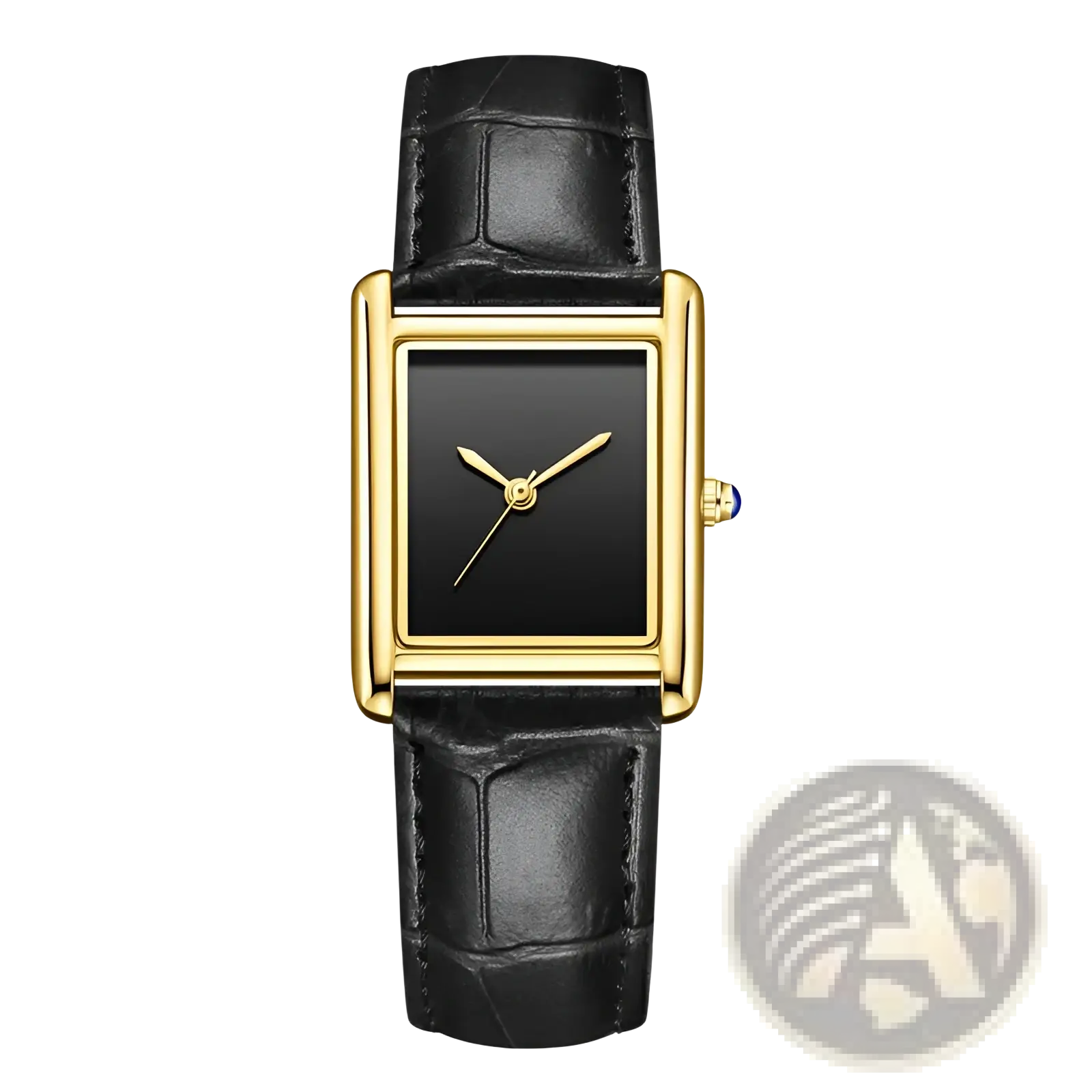 Elegant rectangular gold-tone couple watch with black dial, blue gemstone crown, and black crocodile leather strap